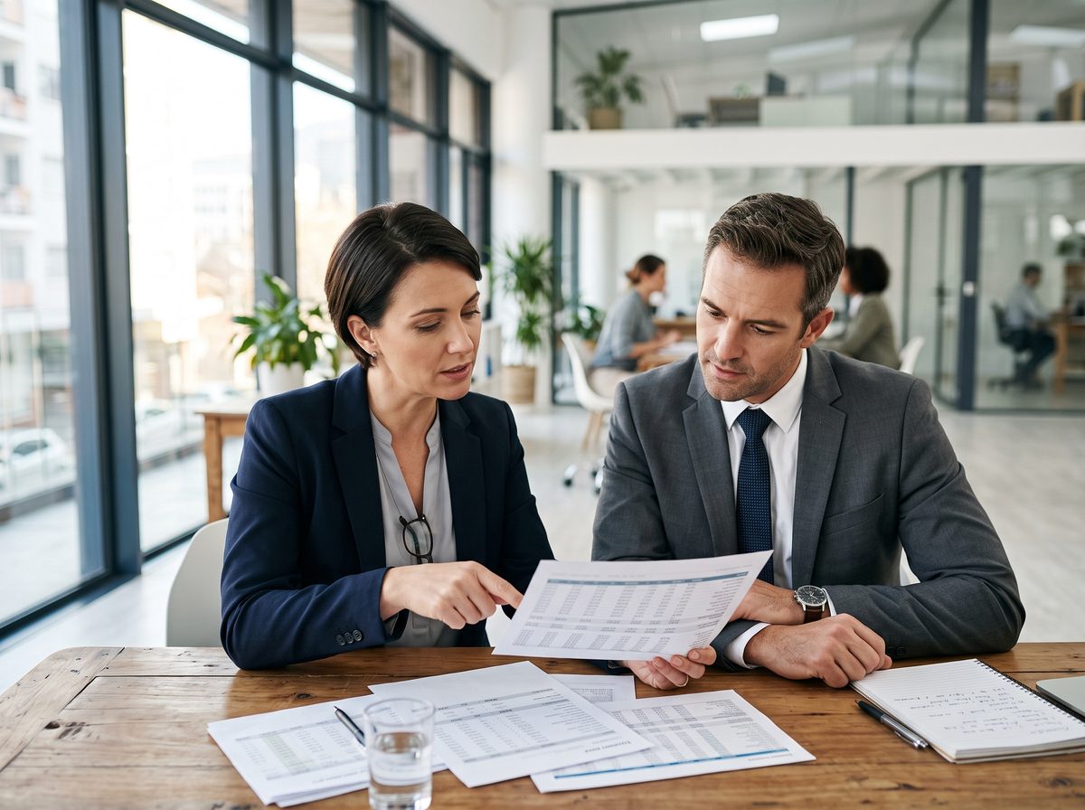 Two advisors reviewing financial documents together in the office
